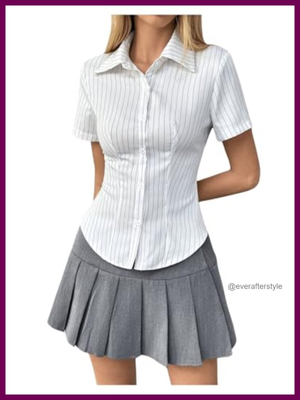 Women's Striped Button Down Short Sleeve Collared Slim Fit Work Office Blouse
